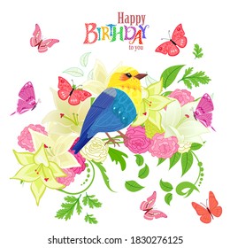 invitation card with happy bird on floral twig with white lilies and pink roses surrounded flying butterflies for your design