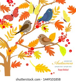 invitation card with happy birds on branches of rowan tree for your design