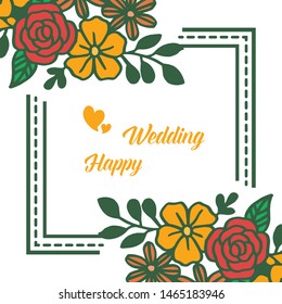 Invitation card happy wedding, with red flower frame and green leaf. Vector