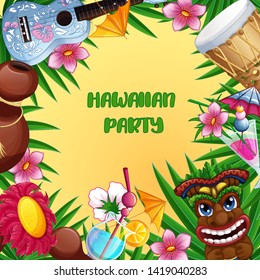 Invitation card to the Hawaiian summer party. Tiki totem, patterned ukulele, Hawaiian drums, palm leaves, beach cocktails arranged on a square template with space for text.