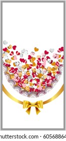 Invitation card with heart confetti, lace, with gold bow.