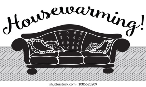 Invitation Card For A Housewarming, Silhouette Of An Elegant Classic Sofa On A Parquet Floor And Inscription With A New Home On A White Background Isolated