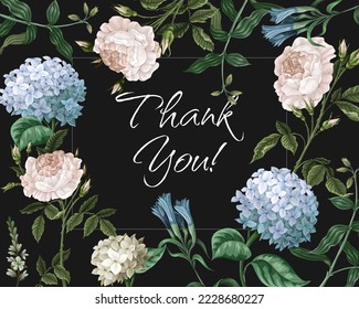 Tarjeta de invitación con hortensias y rosas. Vector