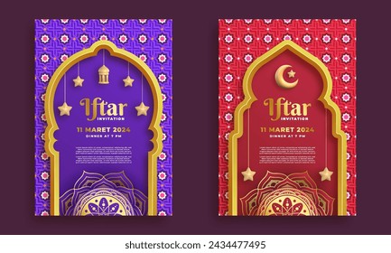 Invitation card for Iftar during Ramadan Kareem, featuring an Islamic adorned, suitable for events and parties.