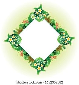 invitation and card illustration, white and yellow floral rectangular border with green tropical leaves on white background.