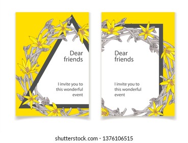 invitation card with an illustration of a wreath of dry branches and yellow flowers
