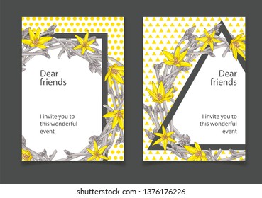 invitation card with an illustration of a wreath of dry branches and yellow flowers
