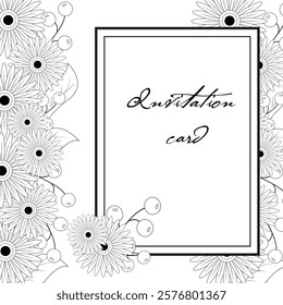 invitation card inscription in a rectangle on the left side daisy flowers and berries with leaves 