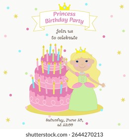 Convite, cartão, Junte-se a nós para comemorar, Festa de aniversário de princesa, princesa, menina, coroa, bolo de aniversário com velas, confete, estrelas, convite para crianças, celebração, aniversário da menina