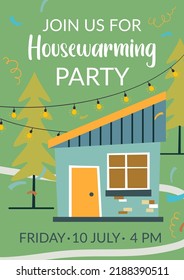 Invitation Card For Joining Housewarming Party. Banner With Home And Lights, Setting And Date On Placard. Celebration Of Special Occasion, Congratulations Of Homeowners. Vector In Flat Style