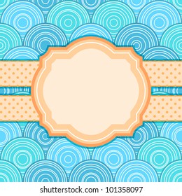 Invitation Card with Label for Text on Blue Seamless Pattern with Circles. Vector Illustration