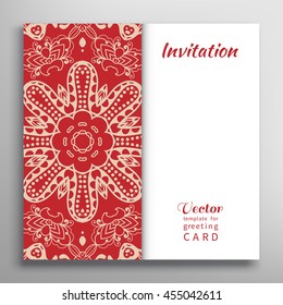 Invitation Card with lace border pattern. Decorative abstract lace background, frame element. Luxury postcard, lacy texture for Wedding, Bridal, Valentine's day, greeting cards or Birthday Invitations