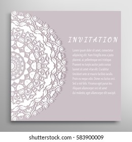 Invitation or Card with lace border pattern, mandala element. Decorative openwork filigree template for Wedding, Valentine's day greeting cards, Birthday Invitations. Abstract doodle floral background