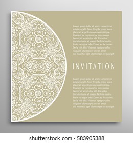Invitation or Card with lace border pattern, mandala element. Decorative openwork filigree template for Wedding, Valentine's day greeting cards, Birthday Invitations. Abstract doodle floral background