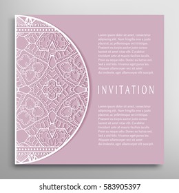 Invitation or Card with lace border pattern, mandala element. Decorative openwork filigree template for Wedding, Valentine's day greeting cards, Birthday Invitations. Abstract doodle floral background