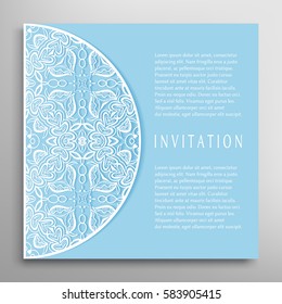 Invitation or Card with lace border pattern, mandala element. Decorative openwork filigree template for Wedding, Valentine's day greeting cards, Birthday Invitations. Abstract doodle floral background