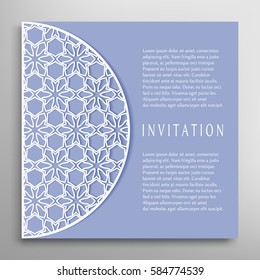 Invitation or Card with lace border pattern, mandala element. Decorative openwork filigree template for Wedding, Valentine's day greeting cards, Birthday Invitations. Abstract doodle floral background