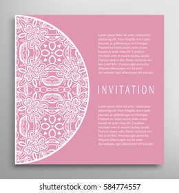 Invitation or Card with lace border pattern, mandala element. Decorative openwork filigree template for Wedding, Valentine's day greeting cards, Birthday Invitations. Abstract doodle floral background