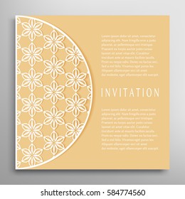 Invitation or Card with lace border pattern, mandala element. Decorative openwork filigree template for Wedding, Valentine's day greeting cards, Birthday Invitations. Abstract doodle floral background