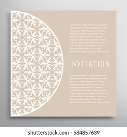 Invitation or Card with lace border pattern, mandala element. Decorative openwork filigree template for Wedding, Valentine's day greeting cards, Birthday Invitations. Abstract doodle floral background