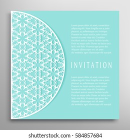 Invitation or Card with lace border pattern, mandala element. Decorative openwork filigree template for Wedding, Valentine's day greeting cards, Birthday Invitations. Abstract doodle floral background