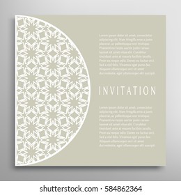 Invitation or Card with lace border pattern, mandala element. Decorative openwork filigree template for Wedding, Valentine's day greeting cards, Birthday Invitations. Abstract doodle floral background
