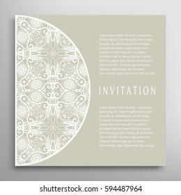 Invitation or Card with lace border pattern, mandala element. Decorative openwork filigree template for Wedding, Valentine's day greeting cards, Birthday Invitations. Abstract doodle floral background