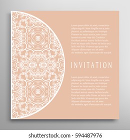Invitation or Card with lace border pattern, mandala element. Decorative openwork filigree template for Wedding, Valentine's day greeting cards, Birthday Invitations. Abstract doodle floral background