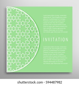 Invitation or Card with lace border pattern, mandala element. Decorative openwork filigree template for Wedding, Valentine's day greeting cards, Birthday Invitations. Abstract doodle floral background