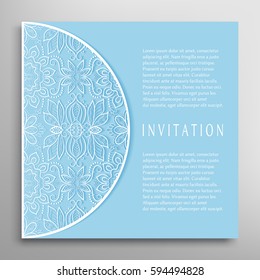 Invitation or Card with lace border pattern, mandala element. Decorative openwork filigree template for Wedding, Valentine's day greeting cards, Birthday Invitations. Abstract doodle floral background