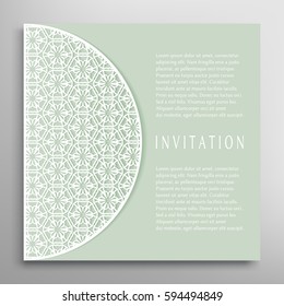 Invitation or Card with lace border pattern, mandala element. Decorative openwork filigree template for Wedding, Valentine's day greeting cards, Birthday Invitations. Abstract doodle floral background