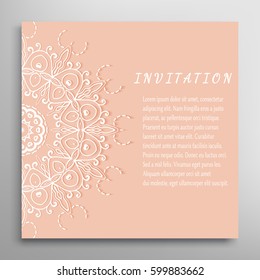 Invitation or Card with lace border pattern, mandala element. Decorative openwork filigree template for Wedding, Valentine's day greeting cards, Birthday Invitations. Abstract doodle floral background
