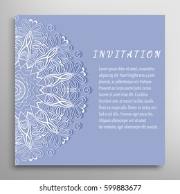 Invitation or Card with lace border pattern, mandala element. Decorative openwork filigree template for Wedding, Valentine's day greeting cards, Birthday Invitations. Abstract doodle floral background