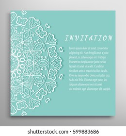 Invitation or Card with lace border pattern, mandala element. Decorative openwork filigree template for Wedding, Valentine's day greeting cards, Birthday Invitations. Abstract doodle floral background