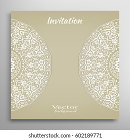 Invitation or Card with lace border pattern, mandala element. Decorative openwork filigree template for Wedding, Valentine's day greeting cards, Birthday Invitations. Abstract doodle floral background