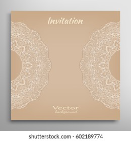 Invitation or Card with lace border pattern, mandala element. Decorative openwork filigree template for Wedding, Valentine's day greeting cards, Birthday Invitations. Abstract doodle floral background