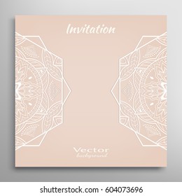 Invitation or Card with lace border pattern, mandala element. Decorative openwork filigree template for Wedding, Valentine's day greeting cards, Birthday Invitations. Abstract doodle floral background