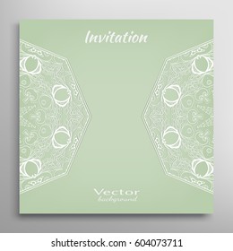 Invitation or Card with lace border pattern, mandala element. Decorative openwork filigree template for Wedding, Valentine's day greeting cards, Birthday Invitations. Abstract doodle floral background