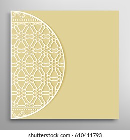 Invitation or Card with lace border pattern, mandala element. Decorative openwork filigree template for Wedding, Valentine's day greeting cards, Birthday Invitations. Abstract doodle floral background