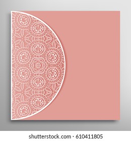 Invitation or Card with lace border pattern, mandala element. Decorative openwork filigree template for Wedding, Valentine's day greeting cards, Birthday Invitations. Abstract doodle floral background