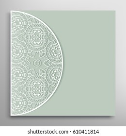 Invitation or Card with lace border pattern, mandala element. Decorative openwork filigree template for Wedding, Valentine's day greeting cards, Birthday Invitations. Abstract doodle floral background