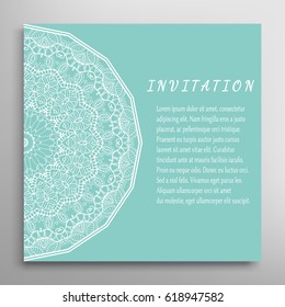 Invitation or Card with lace border pattern, mandala element. Decorative openwork filigree template for Wedding, Valentine's day greeting cards, Birthday Invitations. Abstract doodle floral background