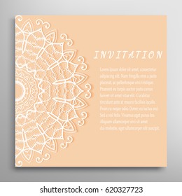 Invitation or Card with lace border pattern, mandala element. Decorative openwork filigree template for Wedding, Valentine's day greeting cards, Birthday Invitations. Abstract doodle floral background