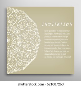Invitation or Card with lace border pattern, mandala element. Decorative openwork filigree template for Wedding, Valentine's day greeting cards, Birthday Invitations. Abstract doodle floral background