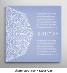 Invitation or Card with lace border pattern, mandala element. Decorative openwork filigree template for Wedding, Valentine's day greeting cards, Birthday Invitations. Abstract doodle floral background