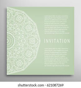Invitation or Card with lace border pattern, mandala element. Decorative openwork filigree template for Wedding, Valentine's day greeting cards, Birthday Invitations. Abstract doodle floral background