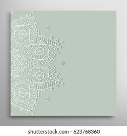 Invitation or Card with lace border pattern, mandala element. Decorative openwork filigree template for Wedding, Valentine's day greeting cards, Birthday Invitations. Abstract doodle floral background