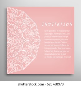 Invitation or Card with lace border pattern, mandala element. Decorative openwork filigree template for Wedding, Valentine's day greeting cards, Birthday Invitations. Abstract doodle floral background