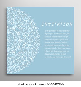Invitation or Card with lace border pattern, mandala element. Decorative openwork filigree template for Wedding, Valentine's day greeting cards, Birthday Invitations. Abstract doodle floral background