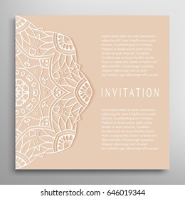Invitation or Card with lace border pattern, mandala element. Decorative openwork filigree template for Wedding, Valentine's day greeting cards, Birthday Invitations. Abstract doodle floral background